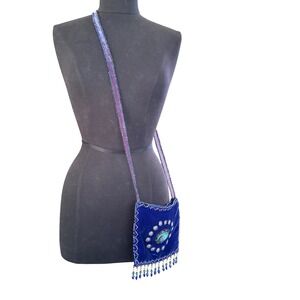 Blue BeadyVelvet Beaded Purse Evening Bag Faux Gemstone Accent Handmade 7.5x6.5"